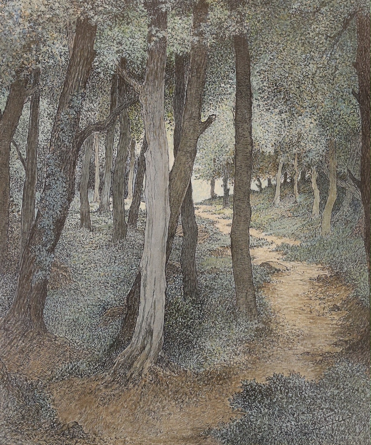 C. Guy RBA, ink and watercolour, 'Lighthall' a woodland path, signed, 29 x 24cm